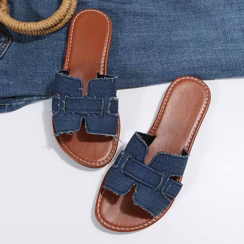 Sandalias Planas Cómodas para Mujeres con Tira Ancha Recortada Estilo Abierto