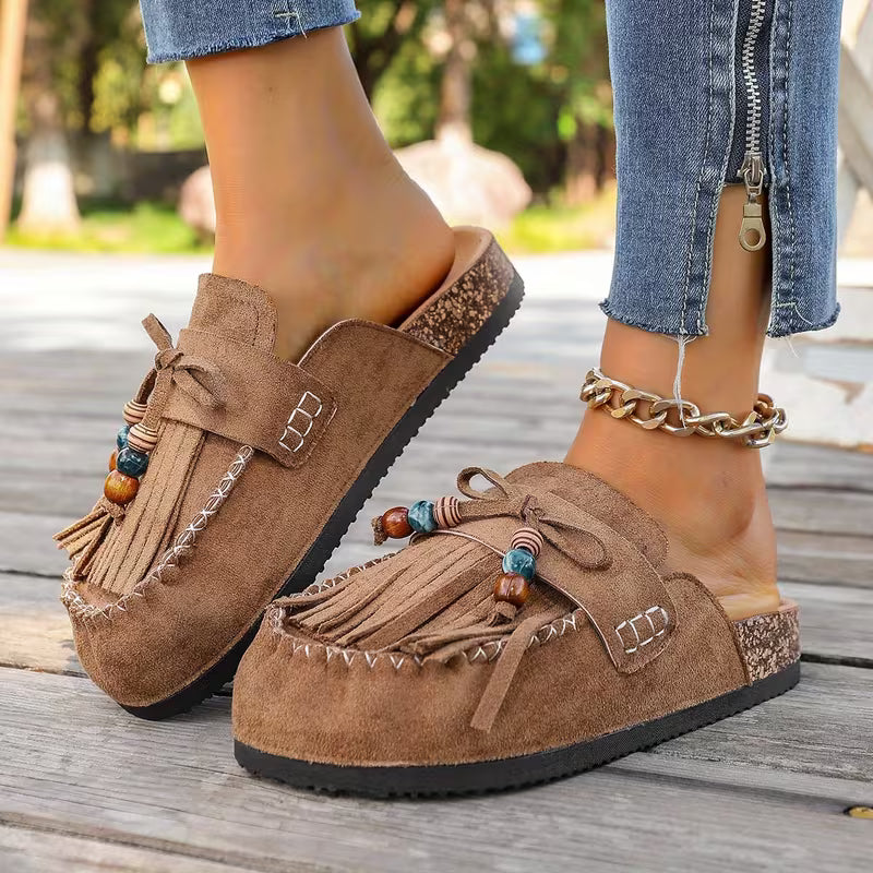 Mules Elegantes para Mujeres con Flecos, Borlas, Cuentas y Estilo Mocasín Slip On