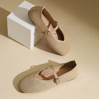 Zapatos Mary Jane Cómodos para Mujeres con Parte Superior de Tejido y Correa de Hebilla, Estilo Ballet Plano