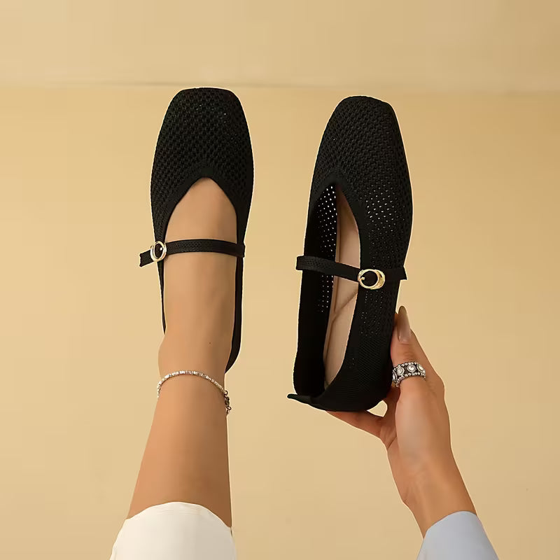 Zapatos Mary Jane Cómodos para Mujeres con Parte Superior de Tejido y Correa de Hebilla, Estilo Ballet Plano