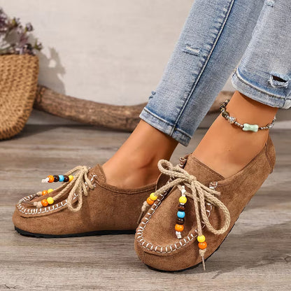 Mocasines cómodos para mujeres con detalle de encaje de cuentas y suela de plataforma con costura de mocasín