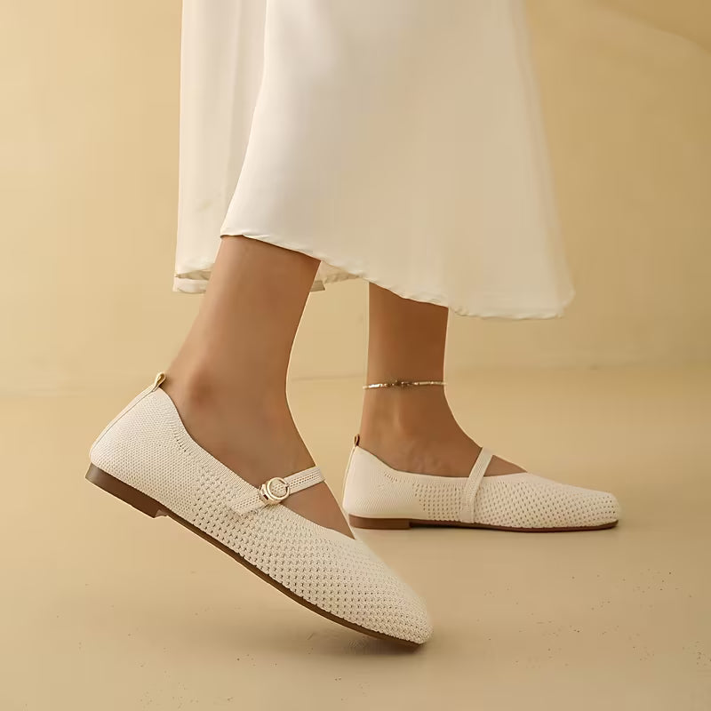 Zapatos Mary Jane Cómodos para Mujeres con Parte Superior de Tejido y Correa de Hebilla, Estilo Ballet Plano