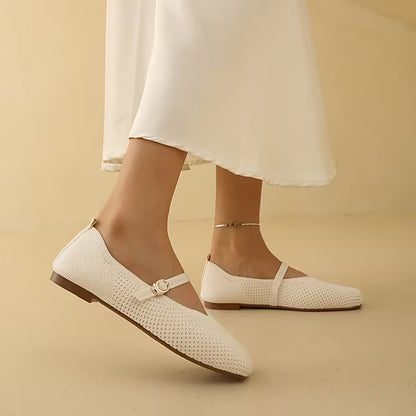Zapatos Mary Jane Cómodos para Mujeres con Parte Superior de Tejido y Correa de Hebilla, Estilo Ballet Plano