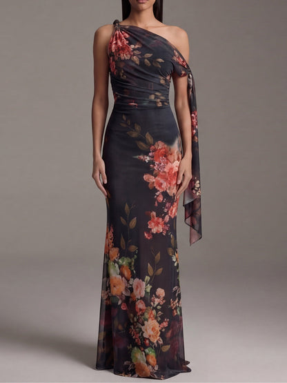 Vestido Maxi Floral Negro Elegante para Mujeres con Manga Drapada de Un Hombro y Cuerpo Ajustado para Invitadas de Boda