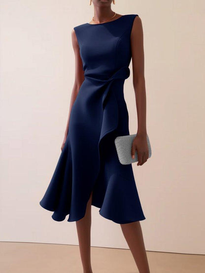 Vestido Midi Elegante con Drapé para Mujeres con Escote Barco, Sin Mangas y Bajo con Volantes Asimétricos Estilo Cóctel