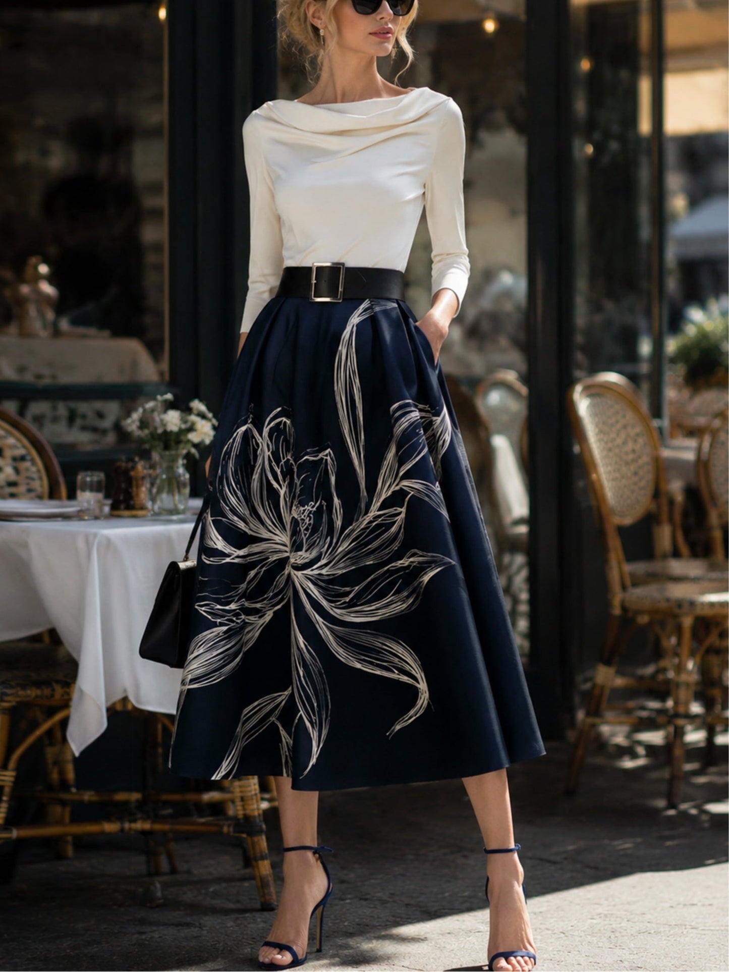 Falda Midi Floral Elegante en Azul Marino para Mujeres con Estilo A Line Plisado Completo