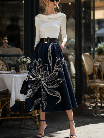 Falda Midi Floral Elegante en Azul Marino para Mujeres con Estilo A Line Plisado Completo