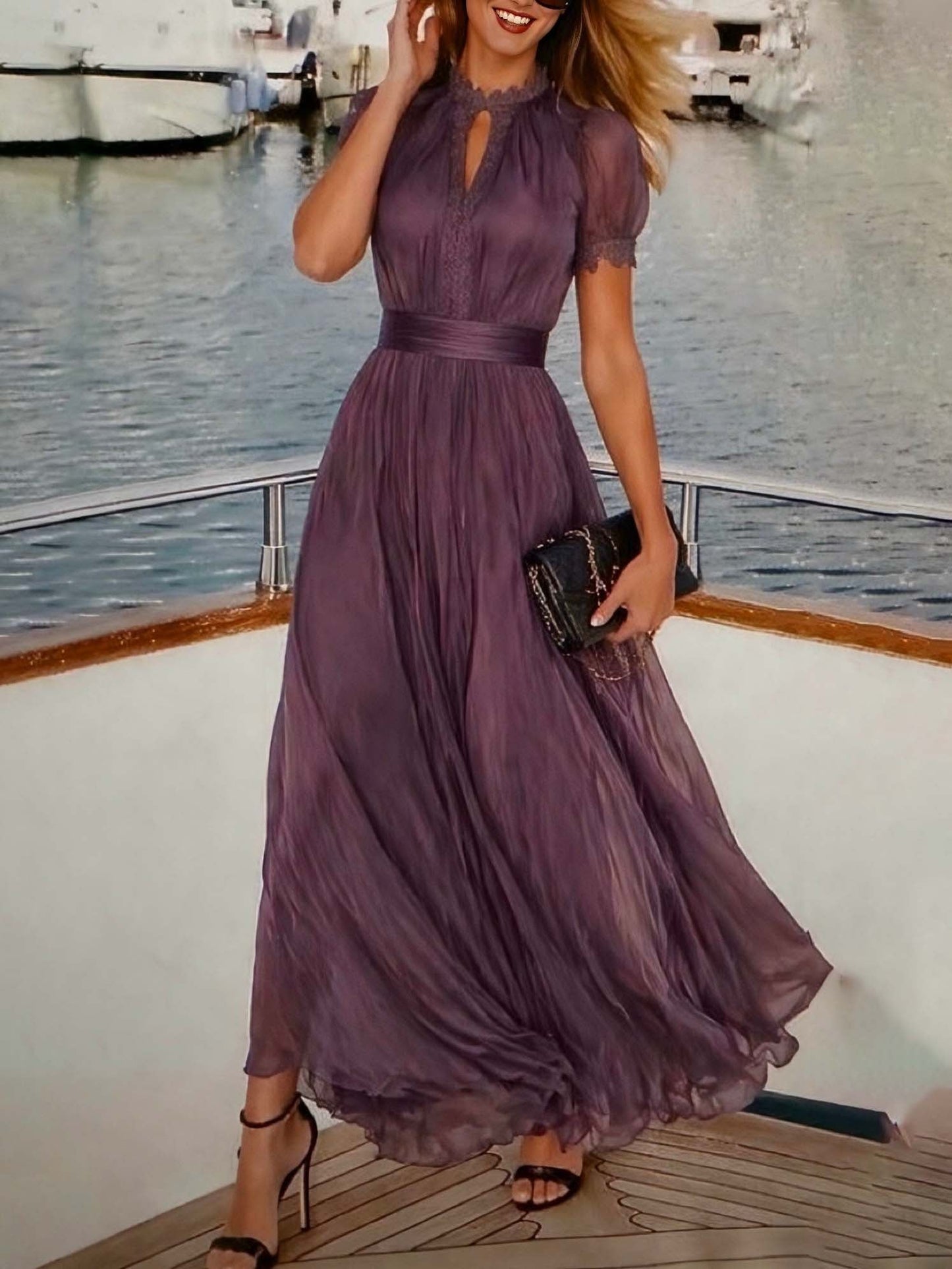 Elegante Vestido Maxi de Chiffon Ombre para Mujeres con Cuello Alto, Manga Abullonada, Corte en Llave y Detalles de Encaje