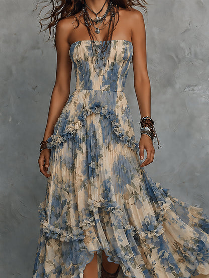 Vestido Maxi Floral Azul Sin Esfuerzo para Mujeres con Estilo Bohemio de Volantes en Capas y Sin Tirantes