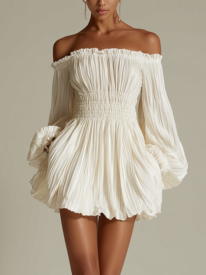 Elegante Vestido Mini Plisado Blanco para Mujeres con Manga Globo Off Shoulder y Cintura Fruncida Estilo Fluido