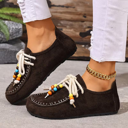 Mocasines cómodos para mujeres con detalle de encaje de cuentas y suela de plataforma con costura de mocasín