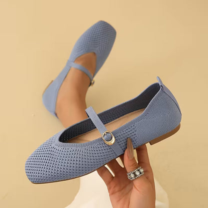 Zapatos Mary Jane Cómodos para Mujeres con Parte Superior de Tejido y Correa de Hebilla, Estilo Ballet Plano
