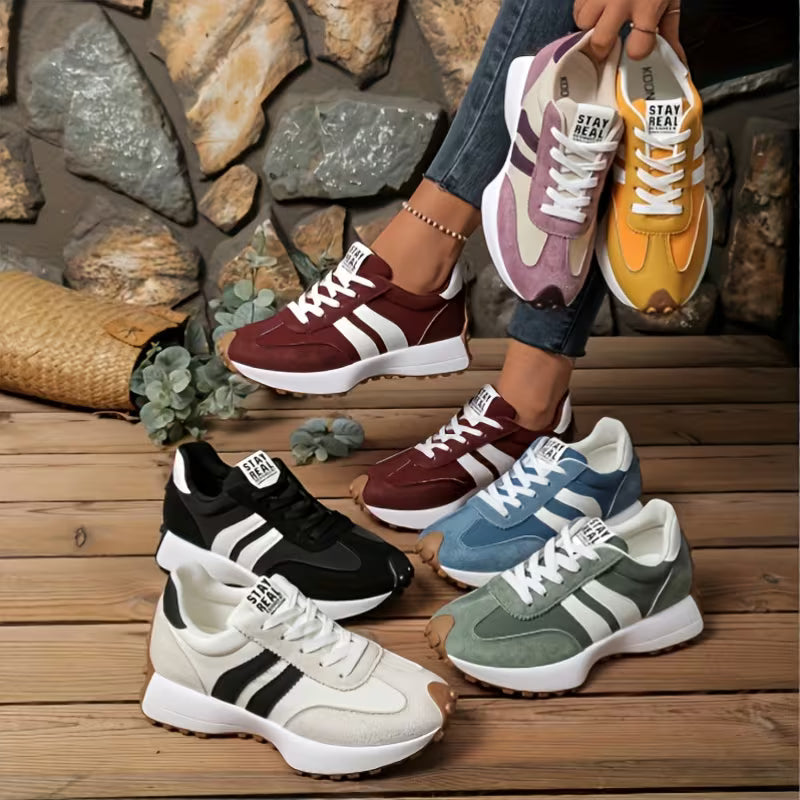 Zapatillas Cómodas para Mujeres con Paneles de Colorblock, Cordones y Suela Acolchada Estilo Retro