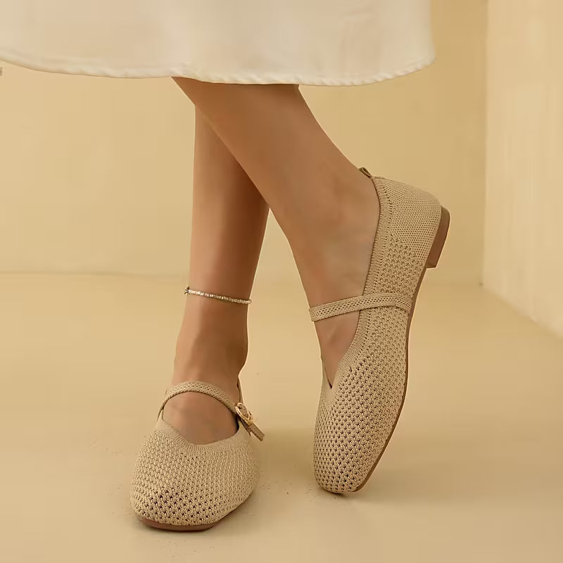 Zapatos Mary Jane Cómodos para Mujeres con Parte Superior de Tejido y Correa de Hebilla, Estilo Ballet Plano