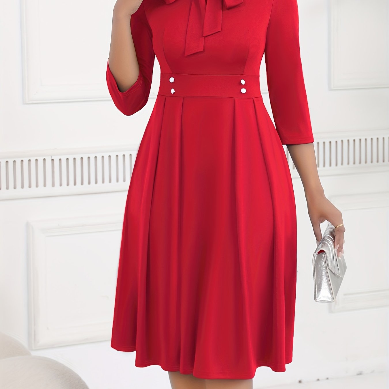 Vestido Midi Elegante con Lazo para Mujeres con Cuello Alto, Manga de Codo y Estilo Plisado