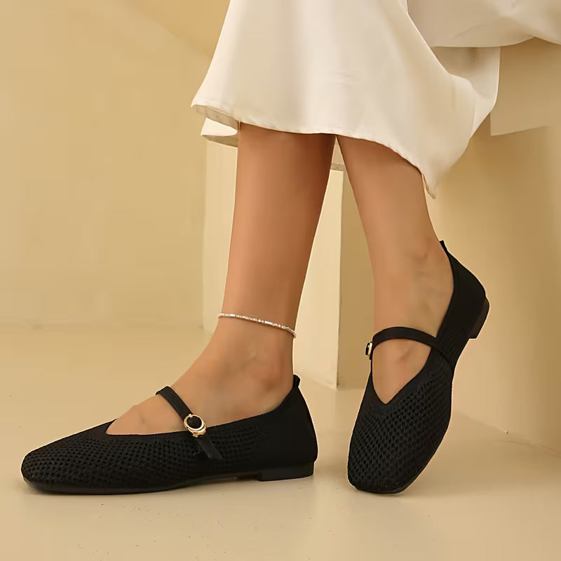 Zapatos Mary Jane Cómodos para Mujeres con Parte Superior de Tejido y Correa de Hebilla, Estilo Ballet Plano