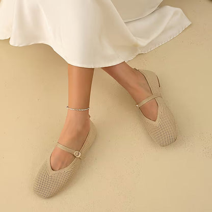 Zapatos Mary Jane Cómodos para Mujeres con Parte Superior de Tejido y Correa de Hebilla, Estilo Ballet Plano