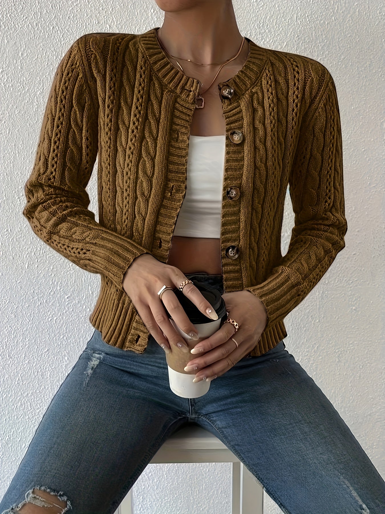 Suéter Cardigan de Punto de Cable Cómodo para Mujeres con Cuello Redondo, Manga Larga, Botones Frontal y Estilo Corto Casual