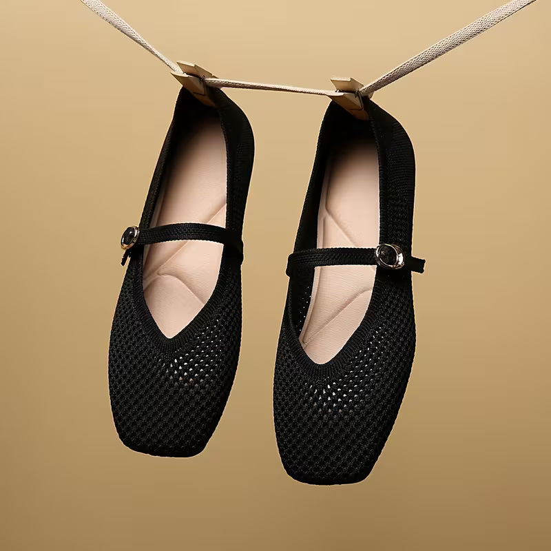 Zapatos Mary Jane Cómodos para Mujeres con Parte Superior de Tejido y Correa de Hebilla, Estilo Ballet Plano