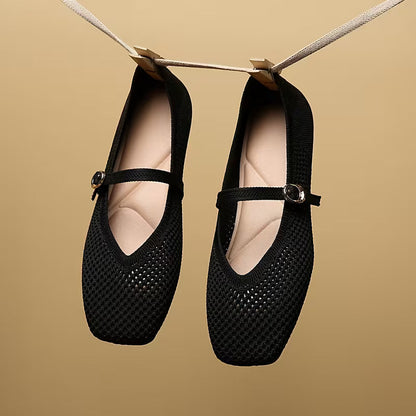 Zapatos Mary Jane Cómodos para Mujeres con Parte Superior de Tejido y Correa de Hebilla, Estilo Ballet Plano