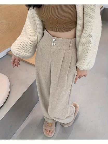 Pantalones Elegantes de Pierna Ancha en Pata de Gallo para Mujeres con Cintura Alta y Cierre de Botón Frontal con Pliegues