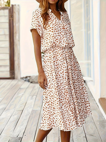 Vestido Midi de Lunares Multicolor sin Esfuerzo para Mujeres con Cuello, Manga Corta, Botones en el Frente y Cintura Ajustable Estilo Casual