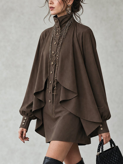 Vestido Mini Elegante de Chocolate para Mujeres con Cuello Alto y Manga Larga Estilo Capa Drapada