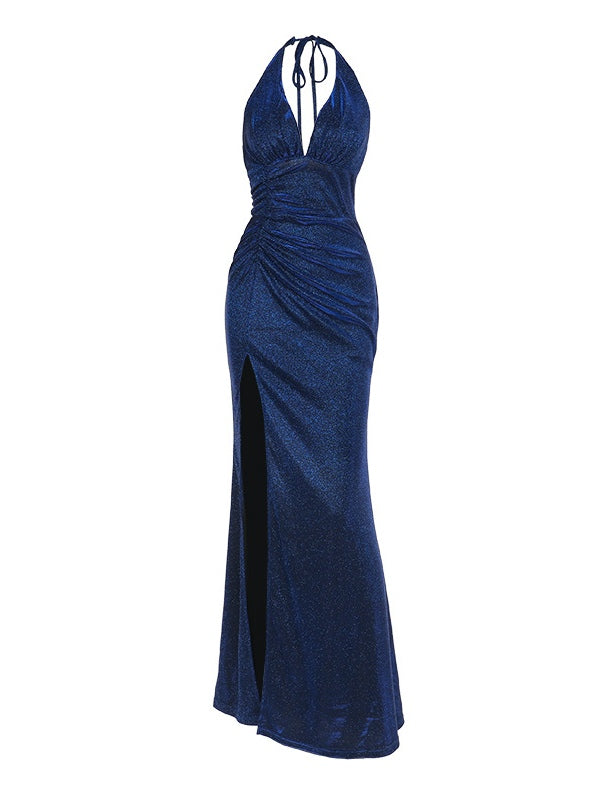 Vestido Maxi Elegante de Lentejuelas para Mujeres con Cuello Halter, Cuerpo Ajustado Fruncido y Gran Abertura, Estilo Formal de Fiesta