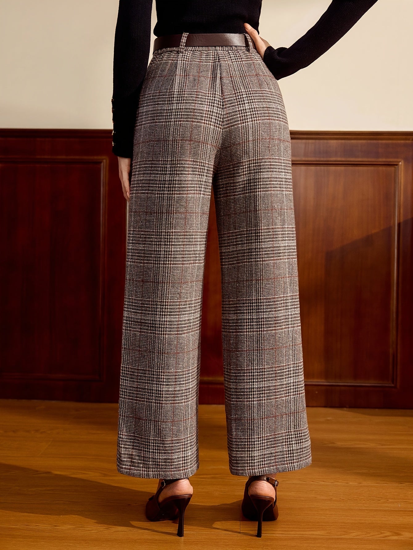 Pantalones de Pierna Ancha de Cuadrícula Elegante para Mujeres con Cintura Alta y Cinturón, Estilo Relajado y Ajustado