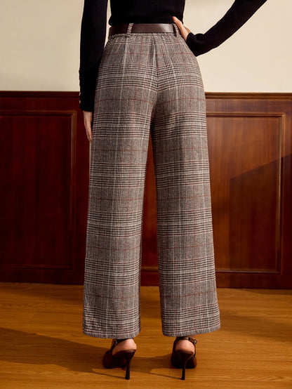 Pantalones de Pierna Ancha de Cuadrícula Elegante para Mujeres con Cintura Alta y Cinturón, Estilo Relajado y Ajustado