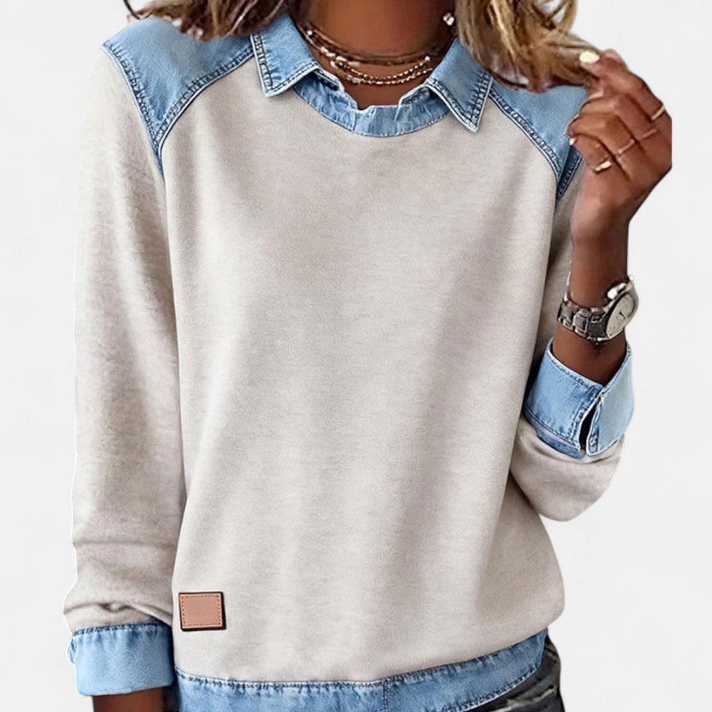 Sudadera de Denim Cómoda con Cuello en Capas para Mujeres, Manga Larga, Estilo Casual a Rayas
