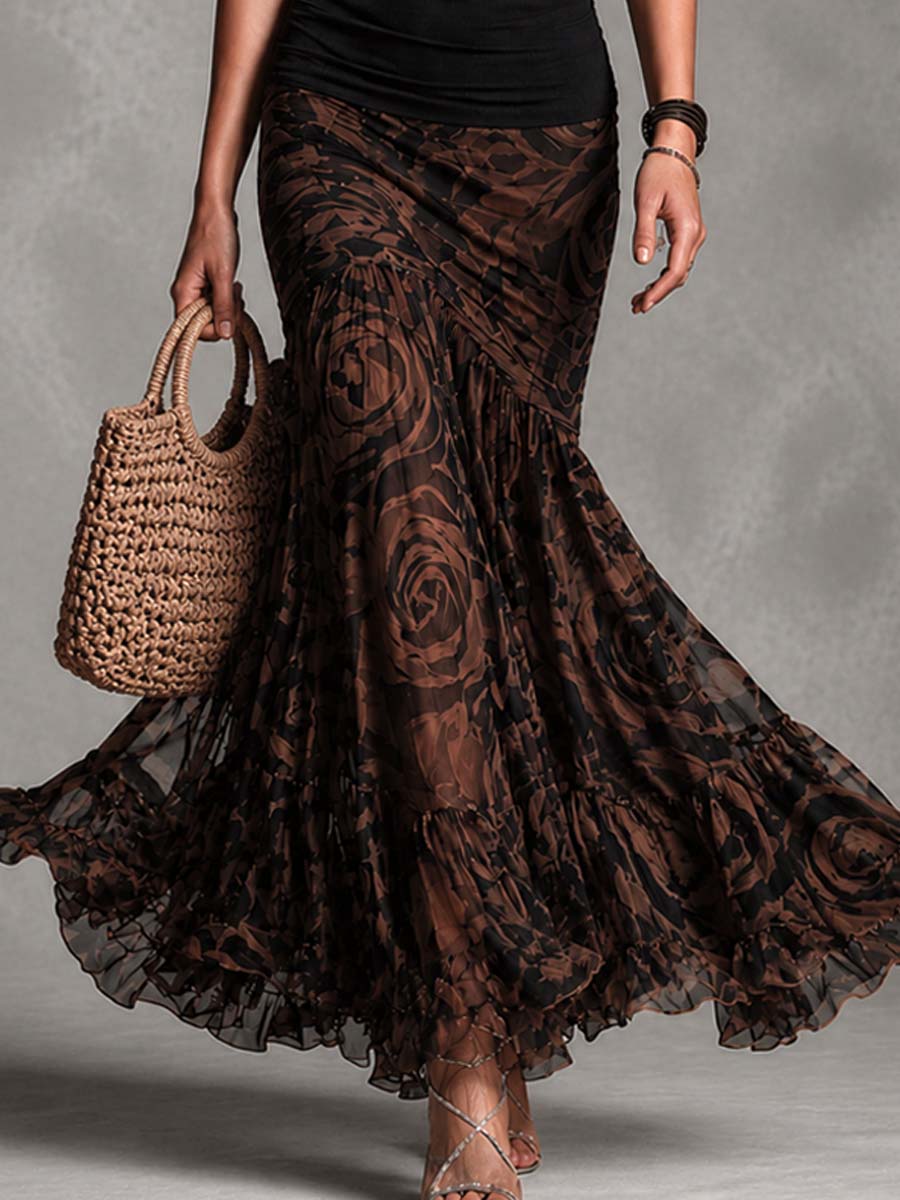 Conjunto de Dos Piezas de Impresión de Rosa Negra Sin Esfuerzo para Mujeres con Falda de Cola de Sirena con Cuello Halter y Dobladillo con Volantes Estilo Boho