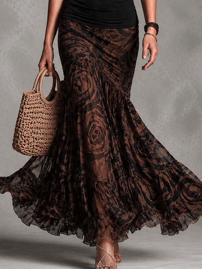 Conjunto de Dos Piezas de Impresión de Rosa Negra Sin Esfuerzo para Mujeres con Falda de Cola de Sirena con Cuello Halter y Dobladillo con Volantes Estilo Boho