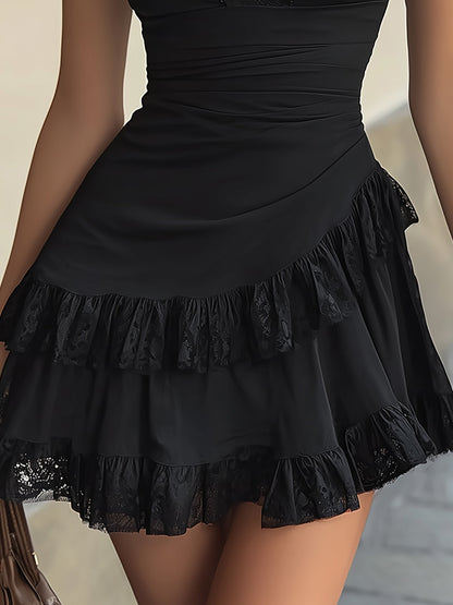 Vestido Mini Elegante de Encaje Negro para Mujeres con Escote en V, Manga Abullonada y Volantes en Estilo Coctel