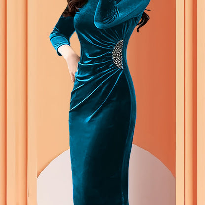 Vestido Midi de Terciopelo Elegante para Mujeres con Cuello Redondo, Manga de Codo, Cuerpo Ajustado con Detalles Fruncidos y Apliques de Perlas para Cócteles