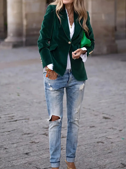 Blazer de Terciopelo Elegante para Mujeres con Solapa, Manga Larga, Botón Único y Estilo Formal