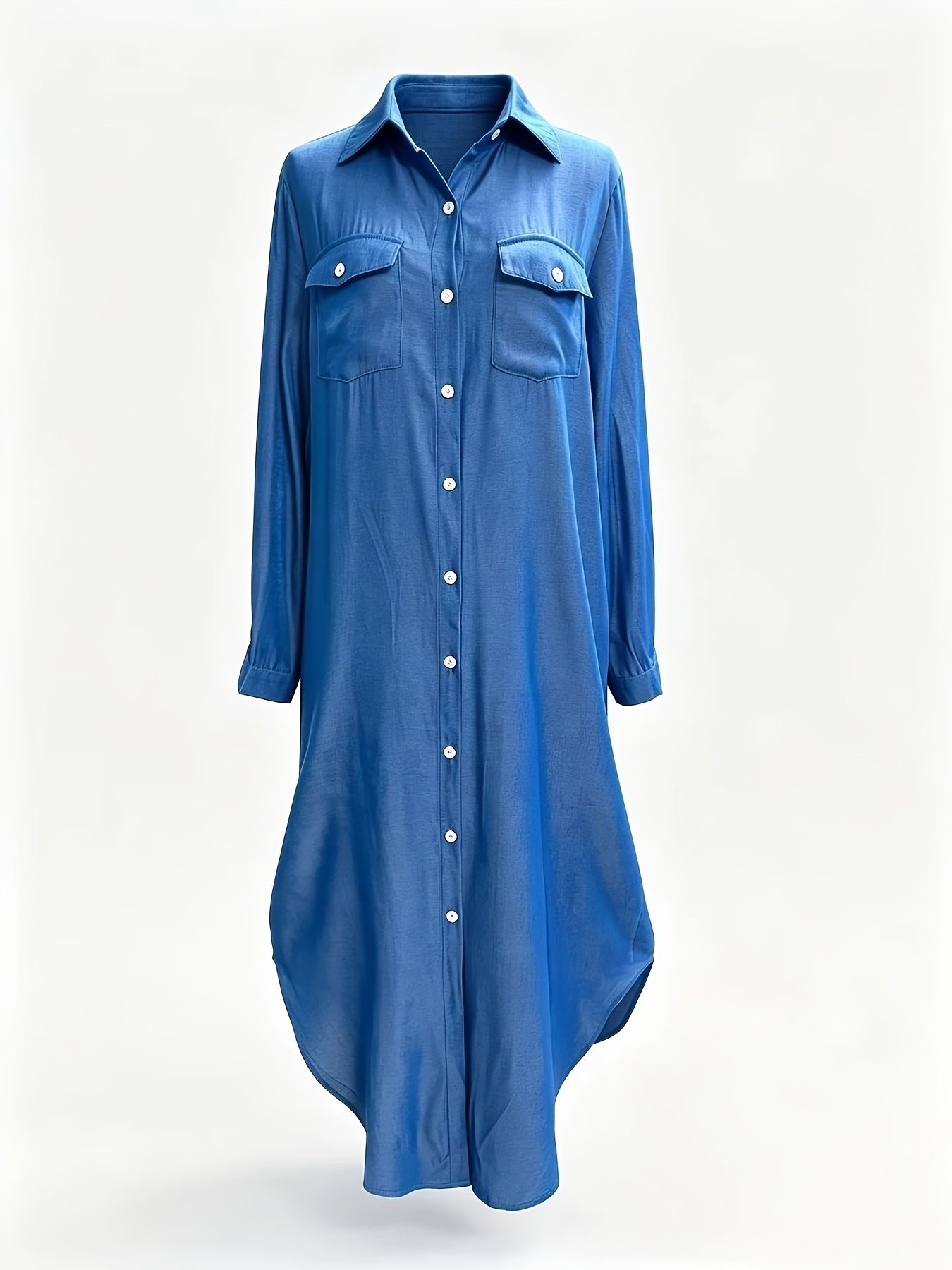 Vestido Camisero Maxi de Denim Azul Elegante para Mujeres con Cuello, Manga Larga y Bajo Asimétrico, Estilo Casual