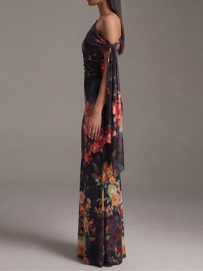 Vestido Maxi Floral Negro Elegante para Mujeres con Manga Drapada de Un Hombro y Cuerpo Ajustado para Invitadas de Boda