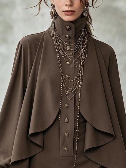Vestido Mini Elegante de Chocolate para Mujeres con Cuello Alto y Manga Larga Estilo Capa Drapada