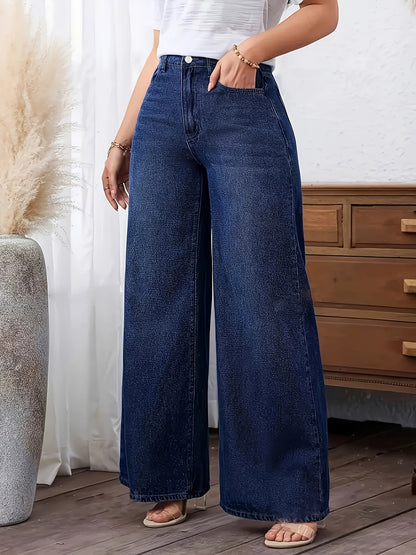 Jeans Anchos Azules de Cintura Alta y Estilo Fluido para Mujeres