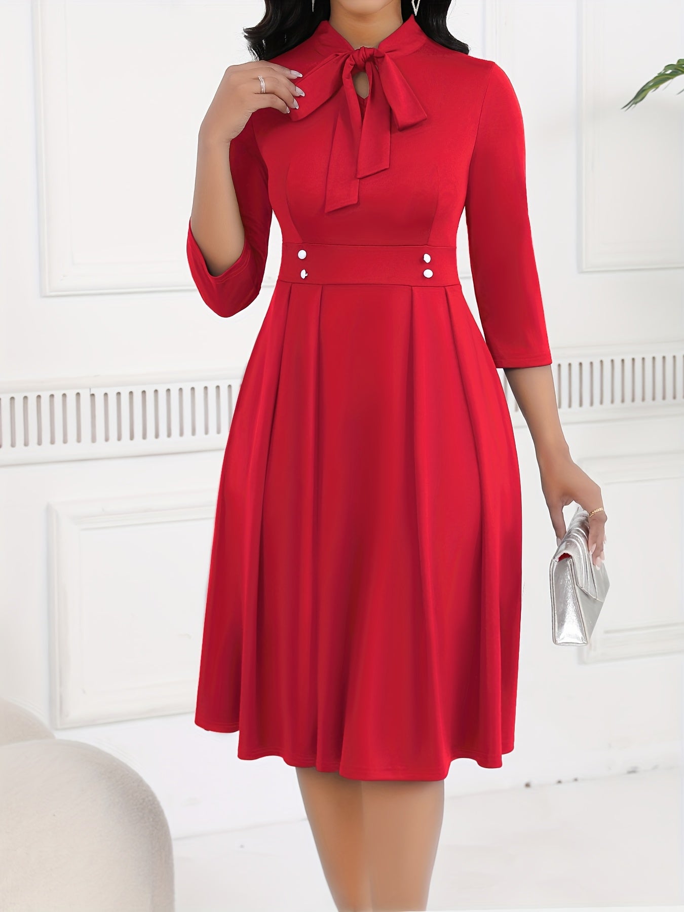 Vestido Midi Elegante con Lazo para Mujeres con Cuello Alto, Manga de Codo y Estilo Plisado
