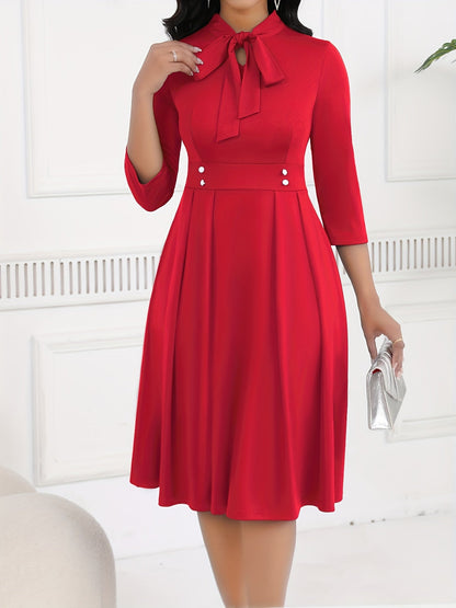 Vestido Midi Elegante con Lazo para Mujeres con Cuello Alto, Manga de Codo y Estilo Plisado