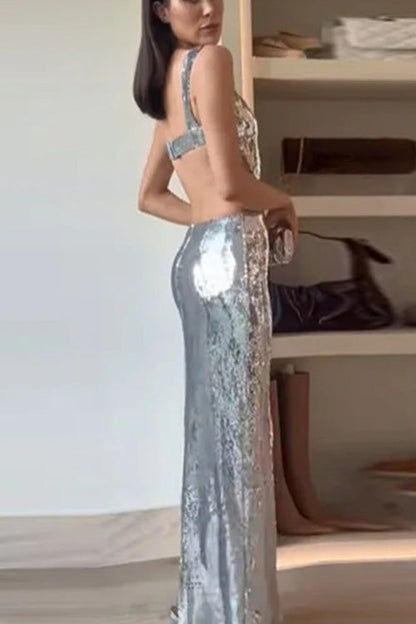 Elegante Vestido Maxi de Lentejuelas para Mujeres con Escote Cuadrado, Sin Mangas, Corte Abierto, Cuerpo Ceñido, Brillante, Estilo Formal de Fiesta