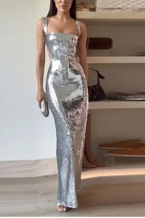 Elegante Vestido Maxi de Lentejuelas para Mujeres con Escote Cuadrado, Sin Mangas, Corte Abierto, Cuerpo Ceñido, Brillante, Estilo Formal de Fiesta