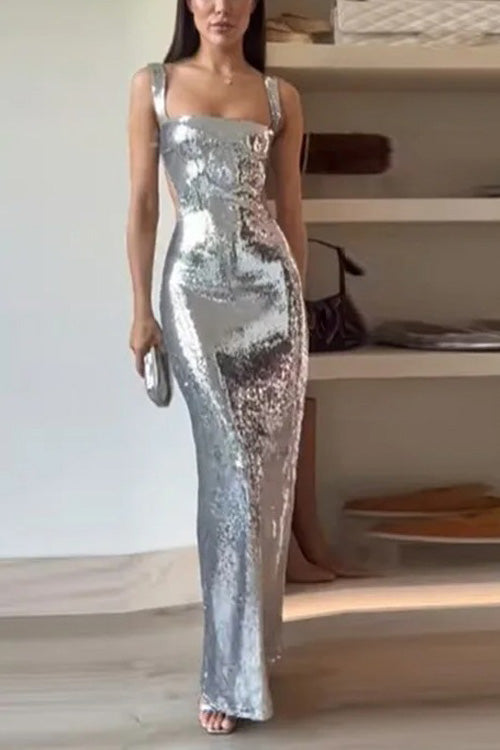 Elegante Vestido Maxi de Lentejuelas para Mujeres con Escote Cuadrado, Sin Mangas, Corte Abierto, Cuerpo Ceñido, Brillante, Estilo Formal de Fiesta