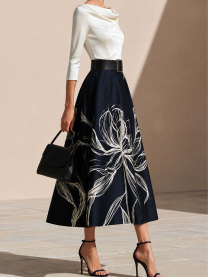 Falda Midi Floral Elegante en Azul Marino para Mujeres con Estilo A Line Plisado Completo