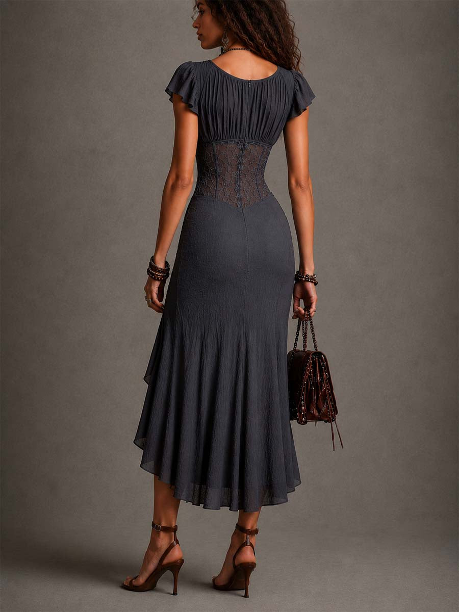 Vestido Midi de Encaje Gris Oscuro Elegante para Mujeres con Escote en V, Mangas Cortas y Volantes, Estilo Cóctel