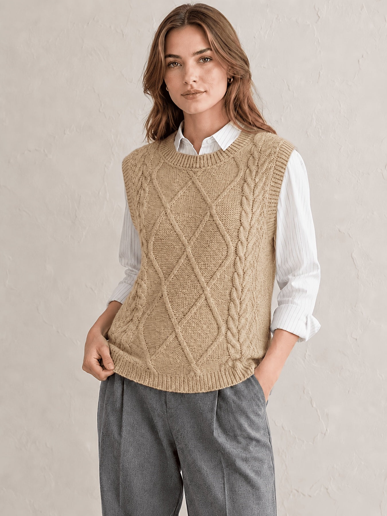 Chaleco de Punto de Cable Cómodo para Mujeres con Cuello Redondo Sin Mangas Estilo Preppy Relajado