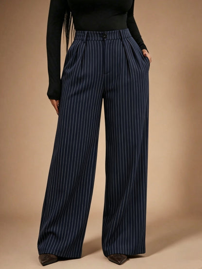 Pantalones Anchos de Rayas en Azul Marino Elegantes para Mujeres con Cintura Alta y Estilo Ajustado