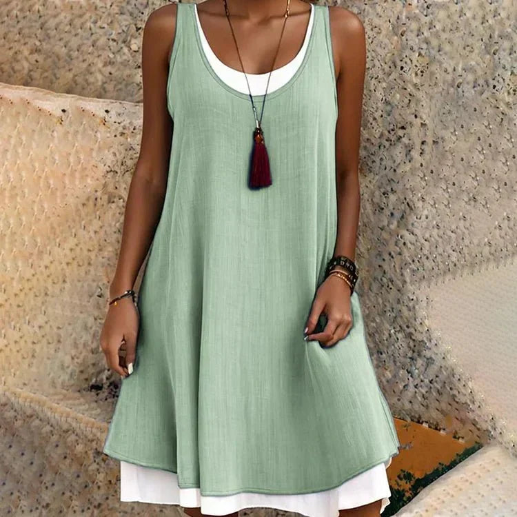 Vestido de Tanque con Capas Sin Esfuerzo para Mujeres con Escote Redondo Sin Mangas Estilo Casual en Línea Fluyente